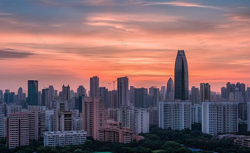 红霞中的简约建筑城市风光,高清,摄影图,摄影图片,图片大全,摄影图免费下载